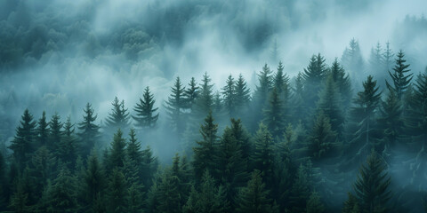 An elegant foggy pine forest - obrazy, fototapety, plakaty