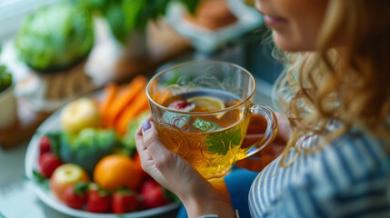 A woman holding a cup of freshly brewed herbal tea with a plate of colorful fruits and veggies in the background highlighting the use of alternative and natural remedies for