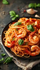 Delicious seafood pasta on a blurred restaurant background, providing space for text placement.