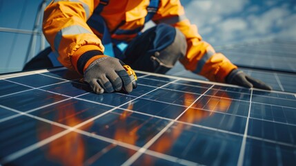 Employee's hands checking solar panels - obrazy, fototapety, plakaty