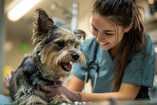 Female Veterinarian Caring for a Terrier in a Teal and Brown Clinic, To showcase the dedication and expertise of a veterinarian in providing