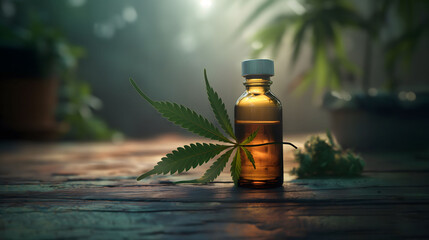 Marijuana leaf (CBD) with medical organic products in the form of marijuana oil on a wooden background - obrazy, fototapety, plakaty