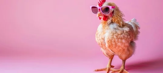 Foto auf Alu-Dibond Chic chicken in sunglasses on pastel background with text space, funny animal concept for design © Ilja