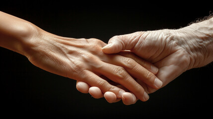 Close-up of young person's hand holding elderly person's hand as sign of caring for seniors against black background.