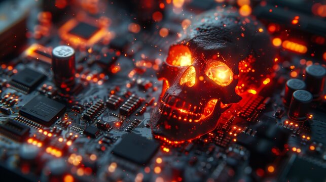 A computer board with a cybernetic skull on it, piracy and virus related concept, AI generated illustration