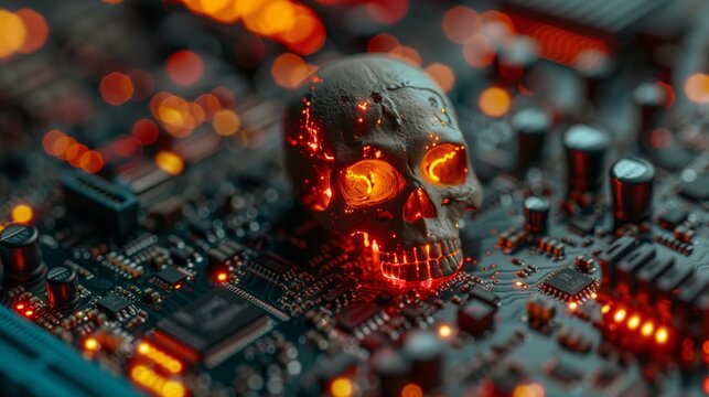 A computer board with a cybernetic skull on it, piracy and virus related concept, AI generated illustration