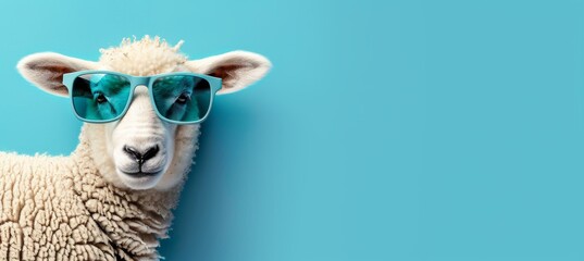 Cheerful sheep sporting sunglasses on pastel background, with ample room for text placement.