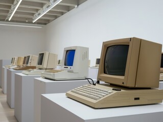 Old computer models displayed in a minimalist white gallery a study in contrast