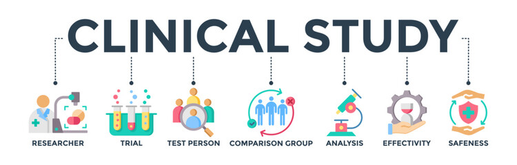 Fototapeta premium Clinical study banner web icon concept for clinical trial research with an icon of researcher, trial, test person, comparison group, analysis, effectivity, and safeness. Vector illustration 