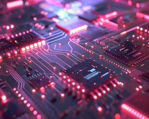 Obraz premium Glowing semiconductors within a neon infused circuit board powering the next generation of ultra efficient electronics