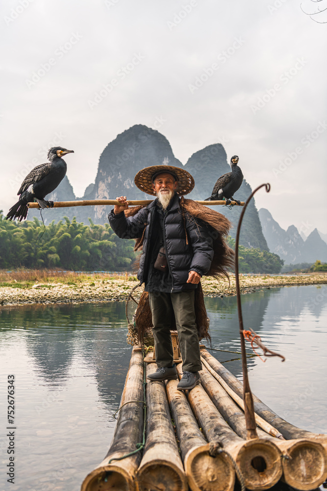 Wall mural a traditional cormorant fisherman works on the li river yangshuo, china.