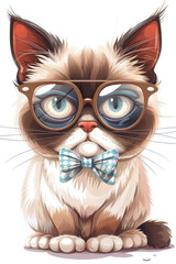 Grumpy Old Cat Reading with Glasses & Tiny Bowtie 🐱👓, Kawaii  Art on White Background
