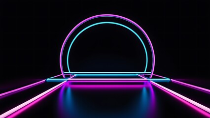 Neon-lit futuristic archway and pathways glowing in vivid pink and blue tones against a dark background.