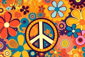 Groovy and eclectic 70s background, capturing the essence of the era with psychedelic patterns, peace symbols, and bold colors, Generative AI