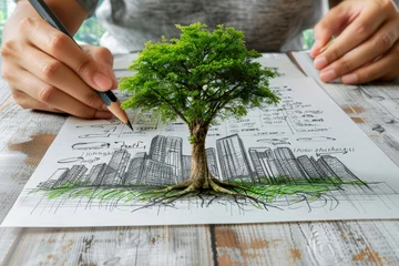 Foto op Canvas a hand sketched green tree . environment day concept. .Generative AI © Phichitpon