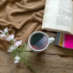 Coffee, books and flower