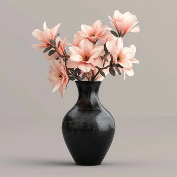 Black vase with beautiful beige-pink flowers. on a gray background