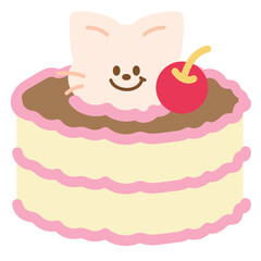 Cute cat with vanilla cake for cartoon character, comic, mascot, plush toy, sweet dessert, birthday card, food, cafe, restaurant, menu, recipe, baking book, print, animal sticker, logo, patches, icon
