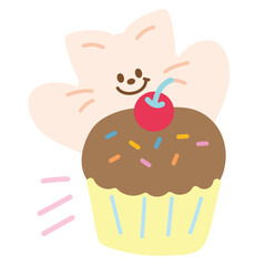 Cute cat with chocolate cupcake for cartoon character, comic, mascot, plush toy, sweet dessert, birthday card, food, cafe, restaurant, menu, recipe, baking book, print, animal sticker, meow, patches