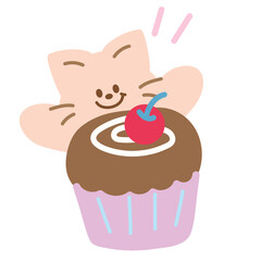 Cute cat with chocolate cupcake for cartoon character, comic, mascot, plush toy, sweet dessert, birthday card, food, cafe, restaurant, menu, recipe, baking book, print, social media, meow, patches