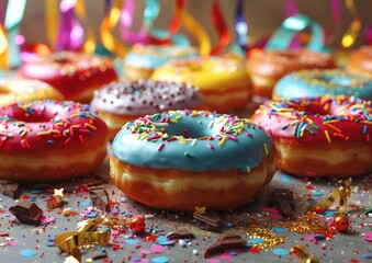Fototapeta na wymiar Delectable glazed donuts adorned with rainbow sprinkles presented on a shimmering background with party streamers