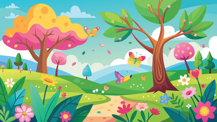 Obraz premium Spring season background with flowers, trees and butterflies. Vector illustration.