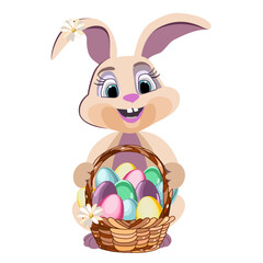 Easter bunny with a basket of Easter eggs in flat technique vector illustration 
