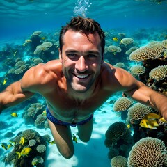 In the sea, colorful fish and coral, swimming man.