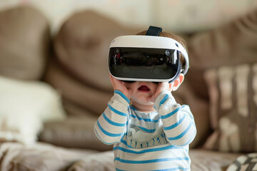 Cute baby wearing VR headsets and enjoying virtual reality