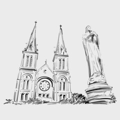 Originally hand draw Notre Dame Cathedral of Saigon in Vietnam 