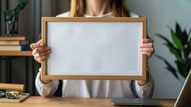Young woman holds empty wooden picture frame inside house