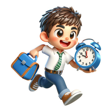 3d cute schoolboy holding an alarm clock and running, 3d clipart, 3d character. 