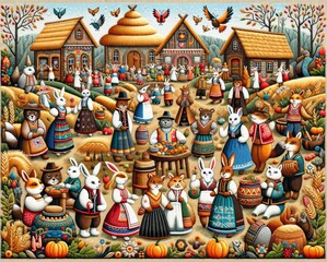 Anthropomorphic Animals in Traditional Village Festival - obrazy, fototapety, plakaty