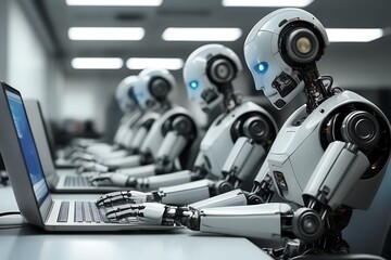 Robots working on computers replacing humans
