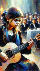 Obraz premium Young girl playing guitar in front of a classroom
