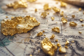 Natural gold nuggets displayed on a map with mining pan, symbolizing the search for wealth and the adventure of gold prospecting.