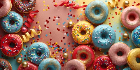 Overhead shot of colorful donuts with different icings scattered among festive decorations and sprinkles, a feast for the eyes and the sweet tooth - obrazy, fototapety, plakaty