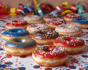 Vibrantly iced donuts adorned with various sprinkles, set against a background of festive party ribbons, embodying the spirit of celebration