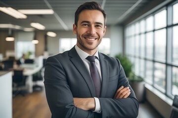 Fototapeta premium Portrait of happy businessman with arms crossed standing in office