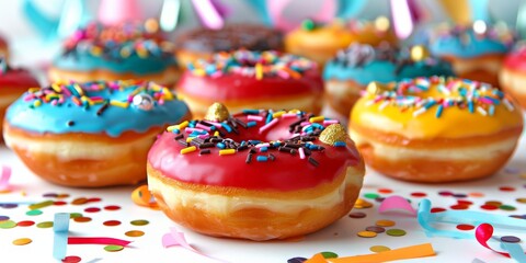 Fototapeta na wymiar Vibrant donuts with colorful frosting and sprinkles on a festive background with confetti, perfect for sweet celebrations and party themes