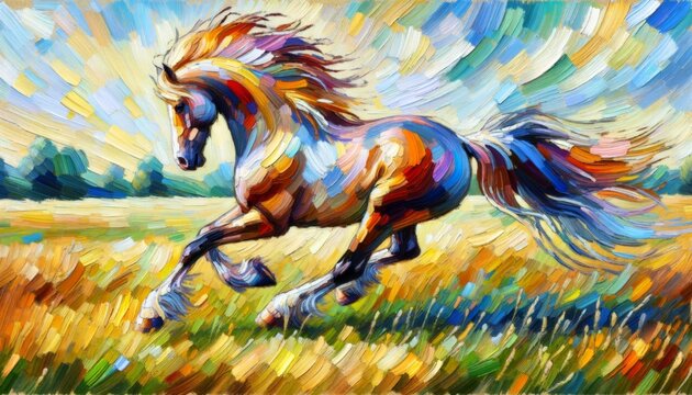 Colorful Impressionist Painting of a Galloping Horse