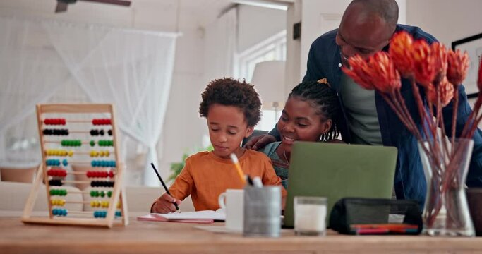 Math, homework or parents teaching a kid or writing for knowledge, education or child development. African mom, laptop and smart boy with father counting numbers to study for test or quiz on abacus