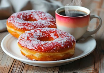 Delightful pairing of strawberry jelly doughnuts and coffee on a plate, ideal for food blogs and breakfast menu inspiration