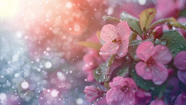 spring flowers rain drops abstract blurred background. beautiful fink flowers with blurred sunlight background. seamless looping overlay 4k virtual video animation background