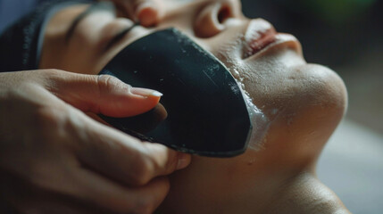 A person undergoing gua sha therapy with a smooth tool gently sing the skin along a specific meridian in order to release tension and promote circulation.