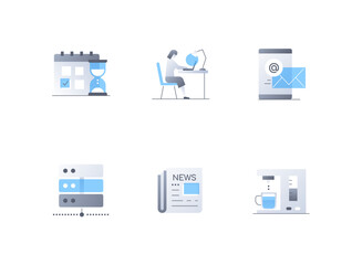 Work in the office - flat design style icons set. High quality colorful images of deadline, workplace with laptop, freelancer, email, server, newspaper, information and news, coffee break idea