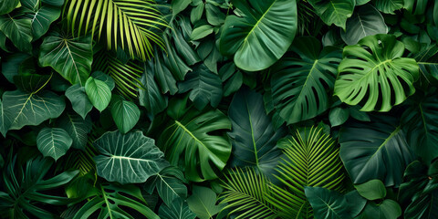 Tropical jungle green leaves background, horizontal Top down view. close - up shot