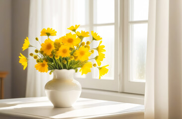 A yellow bouquet of flowers standing in a white vase on a white table.