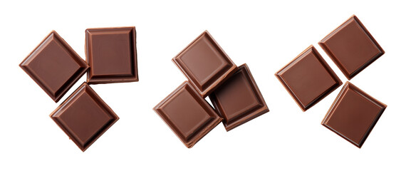 Milk chocolate pieces isolated on white background from top view - obrazy, fototapety, plakaty