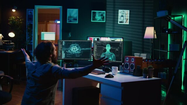 Programmer creating sentient AI, bowing in adulation to new overlord. Crazy computer scientist doing worshiping reverence in front of self aware artificial intelligence, camera B